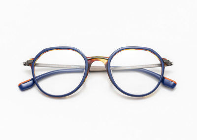 Lunettes Woodys, modèle Spinoza bleu et décoration écaille