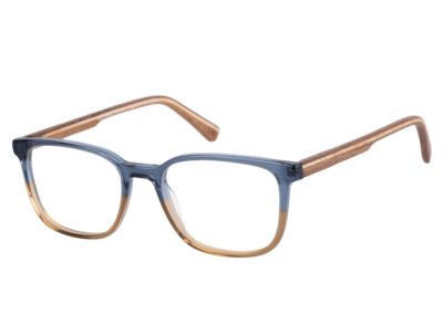 Lunettes Botaniq, monture bleue et ambre aux branches bois